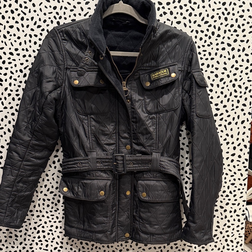Barbour Women’s International Polarquilt Quilted Black Jacket with Belt Sz 8